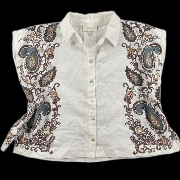 Cleobella Tops - Cleobella XS White Paisley Coastal Linen Blend Lagenlook Cropped Boho Blouse